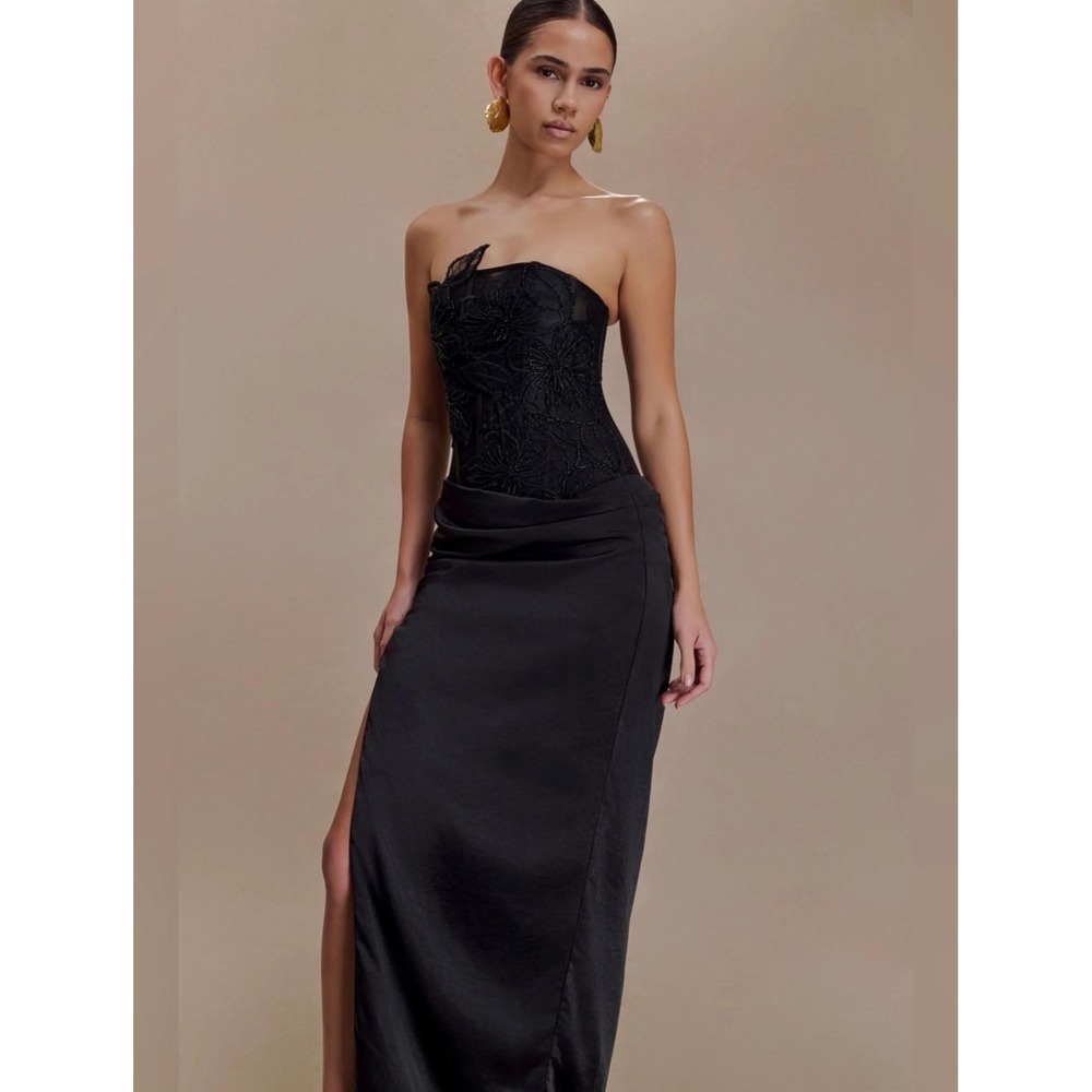 MESHKI Asha Floral Mesh Corset Satin Maxi Dress Black Size S Strapless Slit NWT